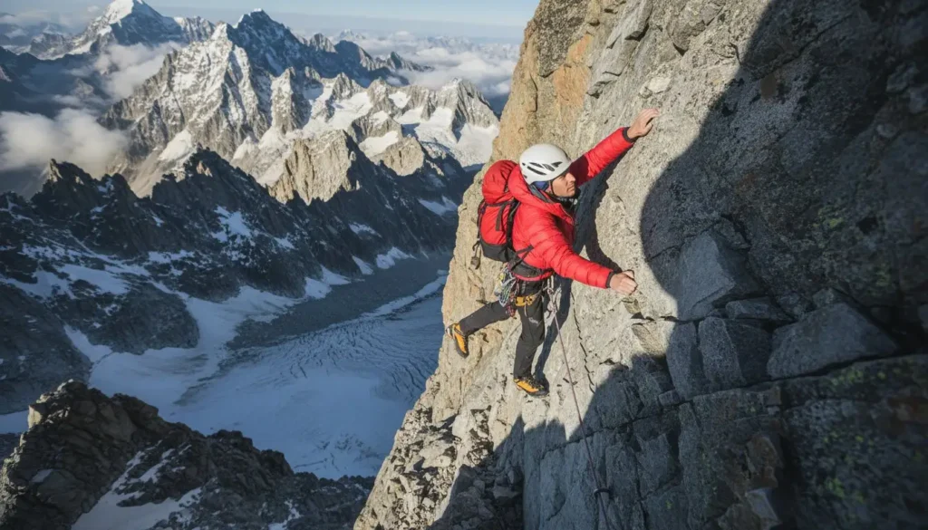 Mountain climber overcoming adversity on a steep rock face