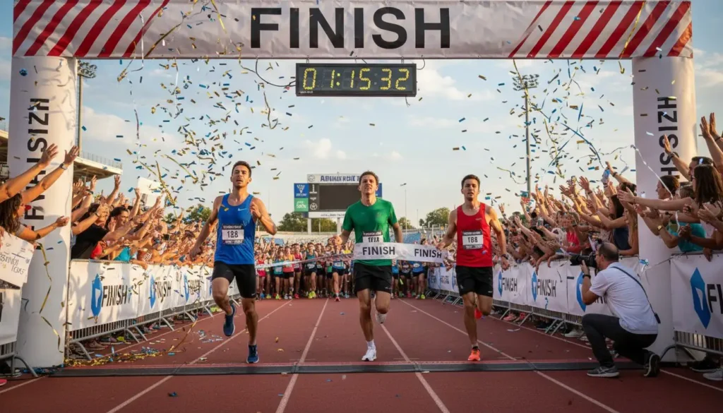 Runners crossing the finish line in a competitive race